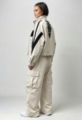 Women Color Block Cropped Jacket & Cargo Wide Leg Pants Two Piece Set,MY SHOP,Women Color Block Cropped Jacket & Cargo Wide Leg Pants Two Piece Set