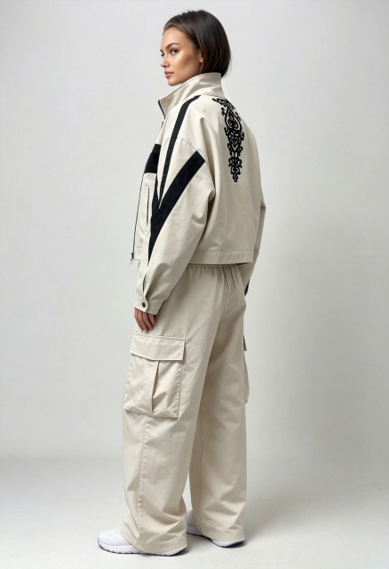Women Color Block Cropped Jacket & Cargo Wide Leg Pants Two Piece Set,MY SHOP,Women Color Block Cropped Jacket & Cargo Wide Leg Pants Two Piece Set