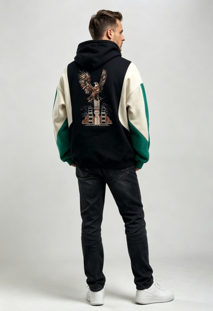 Men's Color Block Patchwork Hoodie with Eagle Back Print,MY SHOP,Men's Color Block Patchwork Hoodie with Eagle Back Print