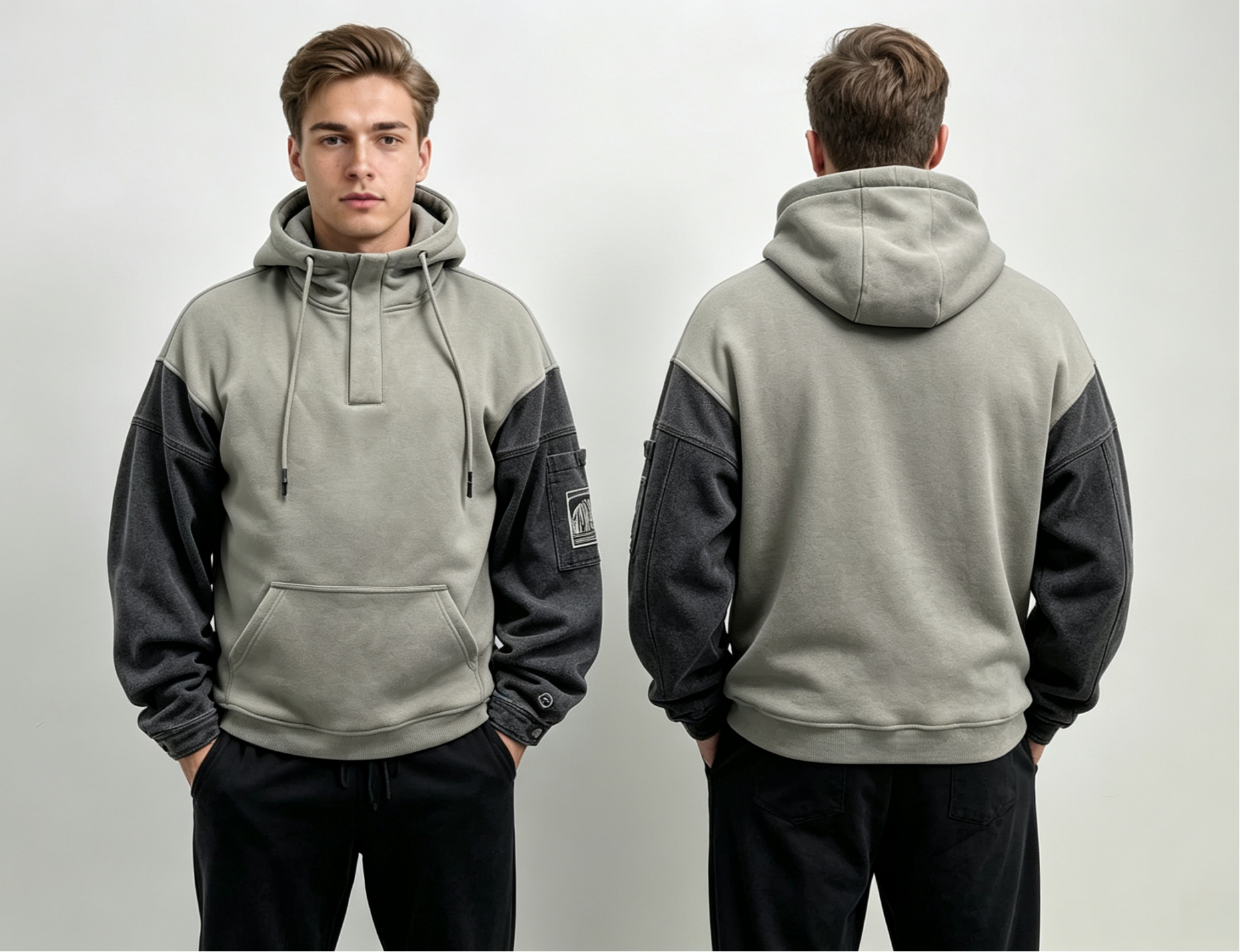 Men Half Placket Hoodie, Washed Grey Denim Spliced Sweatshirt,MY SHOP,Men Half Placket Hoodie, Washed Grey Denim Spliced Sweatshirt