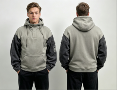 Men Half Placket Hoodie, Washed Grey Denim Spliced Sweatshirt,MY SHOP,Men Half Placket Hoodie, Washed Grey Denim Spliced Sweatshirt