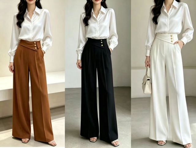 Women Irregular High Waist Wide Leg Suit Pants With Gold Buttons,Sxping Fashion SHOP,Women Irregular High Waist Wide Leg Suit Pants With Gold Buttons