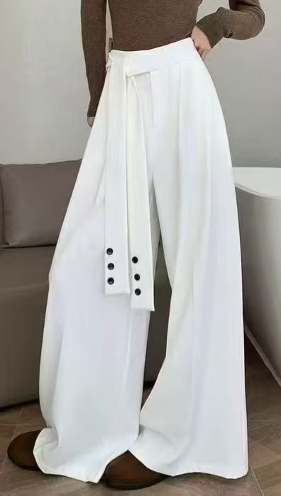 Women High Waist Sash Belt Button Decor Wide Leg Pants,Sxping Fashion SHOP,Women High Waist Sash Belt Button Decor Wide Leg Pants