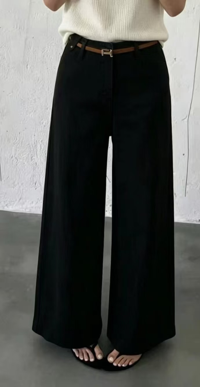 Women High Waist Wide Leg Denim Trousers With Thin H Buckle Belt,Sxping Fashion SHOP,Women High Waist Wide Leg Denim Trousers With Thin H Buckle Belt