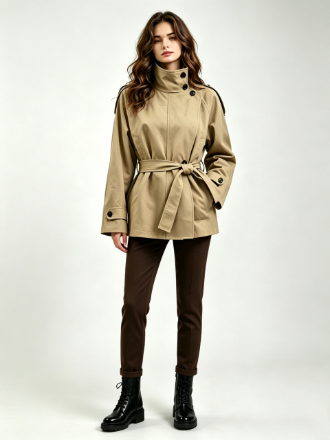 Women Short Stand Collar Belted Trench Coat, Loose Raglan Sleeve Outerwear,Sxping Fashion SHOP,Women Short Stand Collar Belted Trench Coat, Loose Raglan Sleeve Outerwear