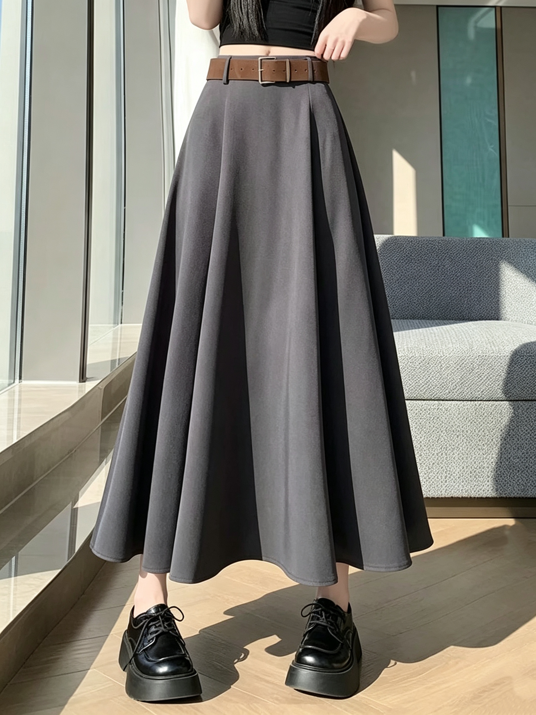 Women High Waist Maxi A-line Swing Skirt With Matching Belt,Sxping Fashion SHOP,Women High Waist Maxi A-line Swing Skirt With Matching Belt-Sxping Fashion SHOP