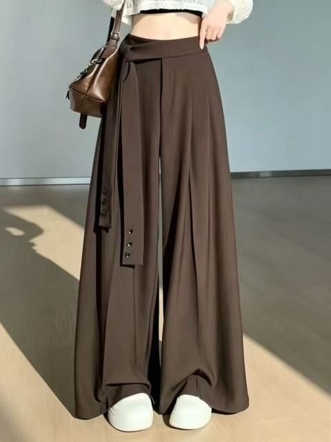 Women High Waist Sash Belt Button Decor Wide Leg Pants,Sxping Fashion SHOP,Women High Waist Sash Belt Button Decor Wide Leg Pants