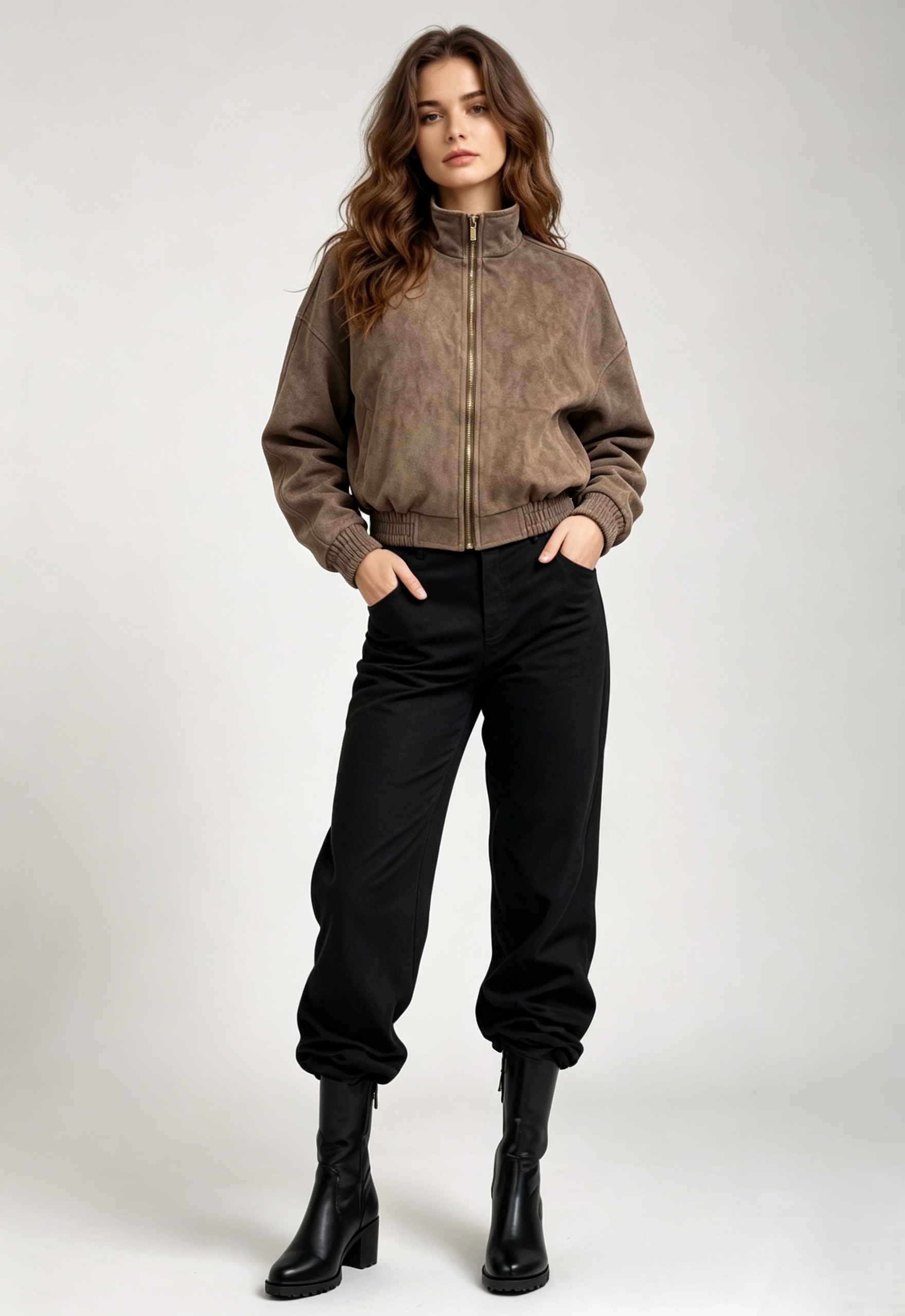 Women Faux‑Suede Bomber Jacket, Stand Collar Zip‑Up Cropped Oversized Outerwear,Sxping Fashion SHOP,Women Faux‑Suede Bomber Jacket, Stand Collar Zip‑Up Cropped Oversized Outerwear