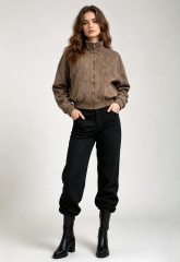 Women Faux‑Suede Bomber Jacket, Stand Collar Zip‑Up Cropped Oversized Outerwear,Sxping Fashion SHOP,Women Faux‑Suede Bomber Jacket, Stand Collar Zip‑Up Cropped Oversized Outerwear