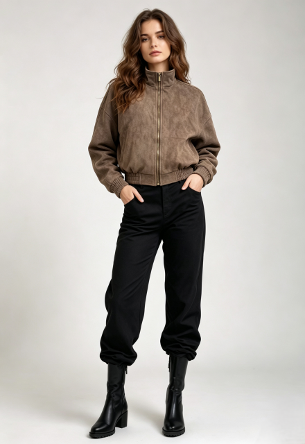 Women Faux‑Suede Bomber Jacket, Stand Collar Zip‑Up Cropped Oversized Outerwear,Sxping Fashion SHOP,Women Faux‑Suede Bomber Jacket, Stand Collar Zip‑Up Cropped Oversized Outerwear