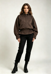 Women Faux‑Suede Jacket, Stand Collar Zip‑Up Gathered Waist Cropped Outerwear,Sxping Fashion SHOP,Women Faux‑Suede Jacket, Stand Collar Zip‑Up Gathered Waist Cropped Outerwear