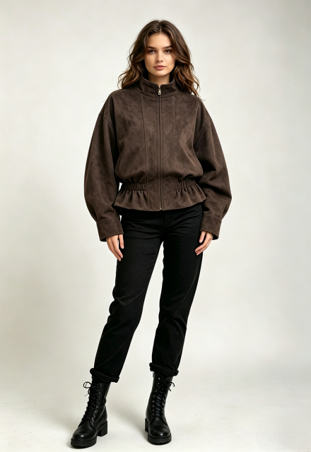 Women Faux‑Suede Jacket, Stand Collar Zip‑Up Gathered Waist Cropped Outerwear,Sxping Fashion SHOP,Women Faux‑Suede Jacket, Stand Collar Zip‑Up Gathered Waist Cropped Outerwear