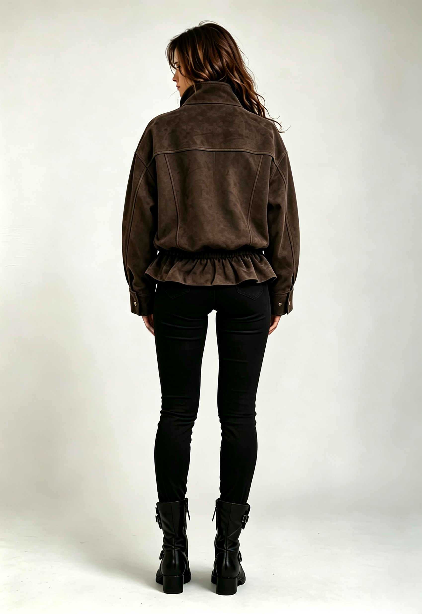 Women Faux‑Suede Jacket, Stand Collar Zip‑Up Gathered Waist Cropped Outerwear,Sxping Fashion SHOP,Women Faux‑Suede Jacket, Stand Collar Zip‑Up Gathered Waist Cropped Outerwear