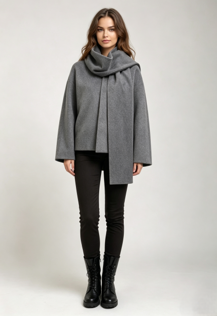 Women Wool‑Blend Short Coat, Detachable Scarf Collar Collarless Minimalist Outerwear,Sxping Fashion SHOP,Women Wool‑Blend Short Coat, Detachable Scarf Collar Collarless Minimalist Outerwear