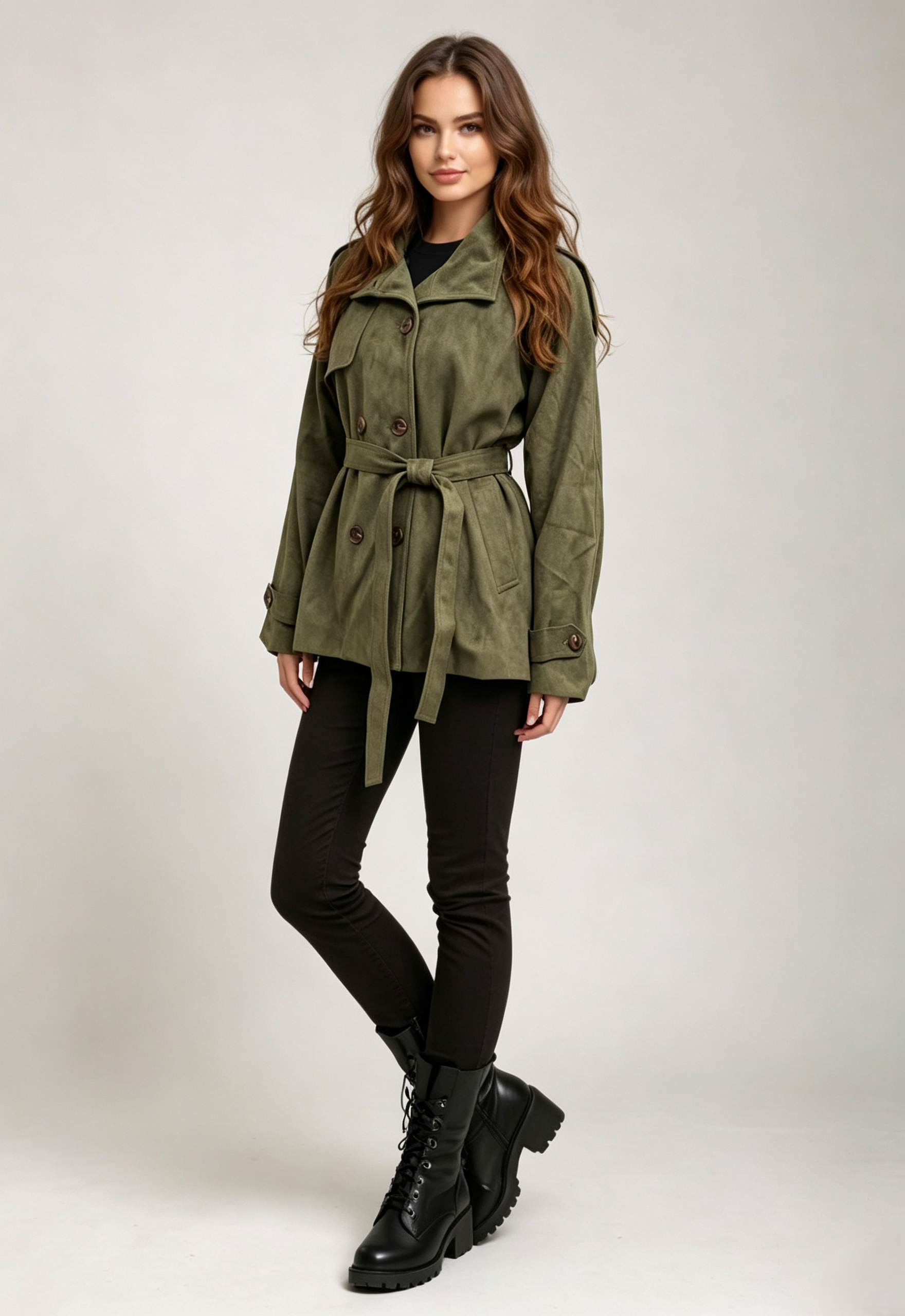 Women Olive Green Faux‑Suede Short Trench Coat, Belted Double‑Breasted Jacket,Sxping Fashion SHOP,Women Olive Green Faux‑Suede Short Trench Coat, Belted Double‑Breasted Jacket