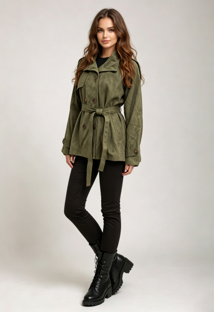 Women Olive Green Faux‑Suede Short Trench Coat, Belted Double‑Breasted Jacket,Sxping Fashion SHOP,Women Olive Green Faux‑Suede Short Trench Coat, Belted Double‑Breasted Jacket