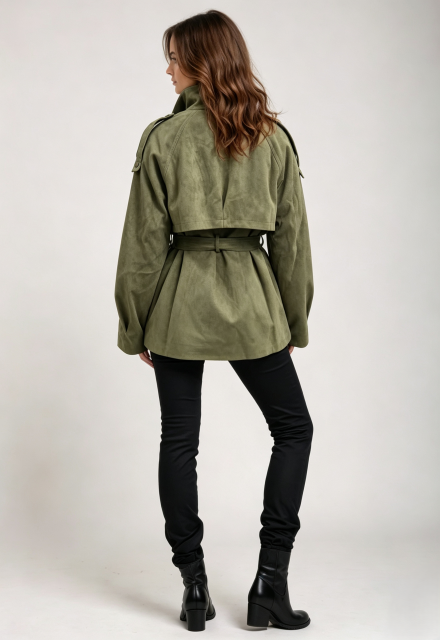 Women Olive Green Faux‑Suede Short Trench Coat, Belted Double‑Breasted Jacket,Sxping Fashion SHOP,Women Olive Green Faux‑Suede Short Trench Coat, Belted Double‑Breasted Jacket