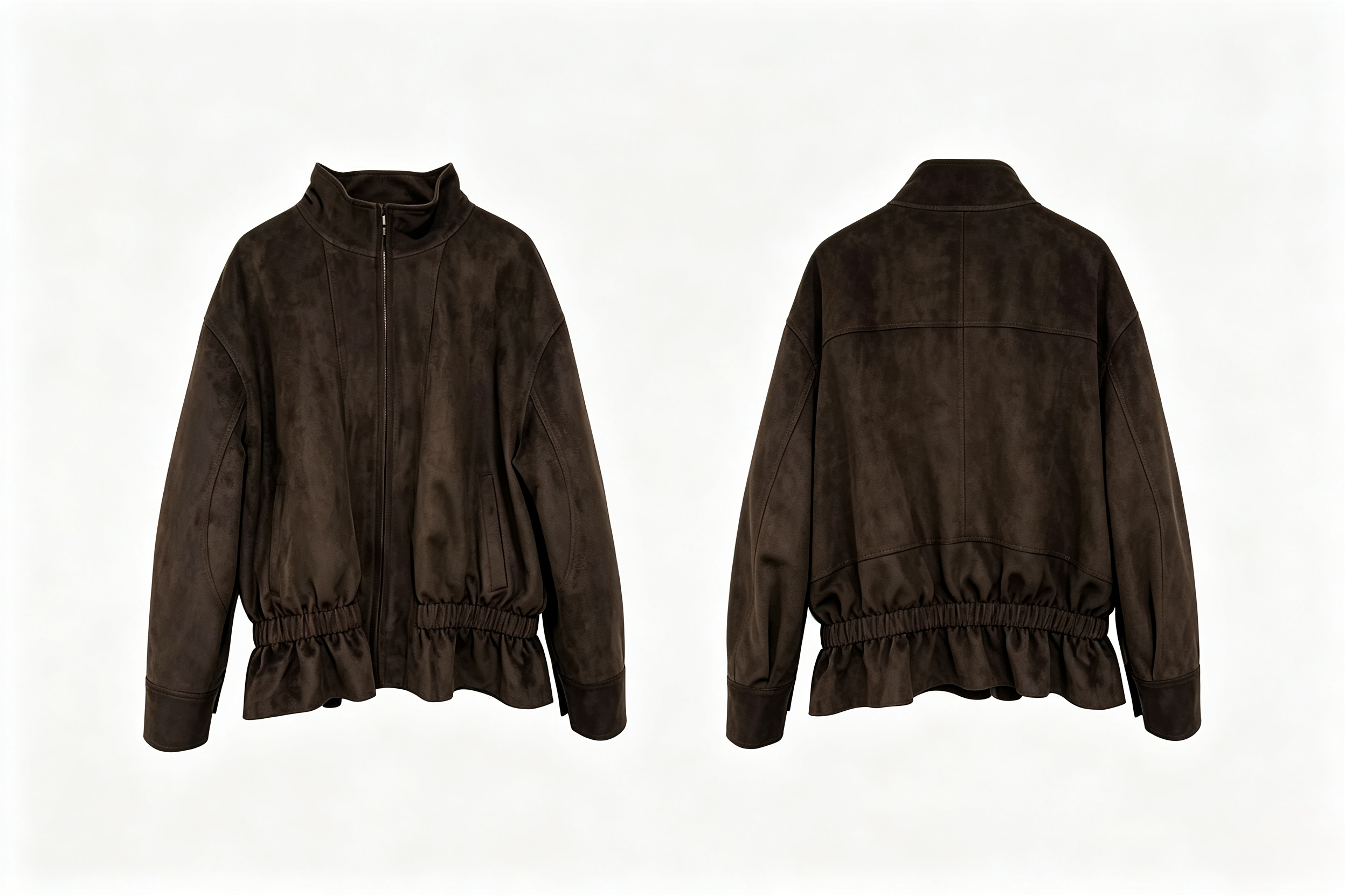 Women Faux‑Suede Jacket, Stand Collar Zip‑Up Gathered Waist Cropped Outerwear,Sxping Fashion SHOP,Women Faux‑Suede Jacket, Stand Collar Zip‑Up Gathered Waist Cropped Outerwear