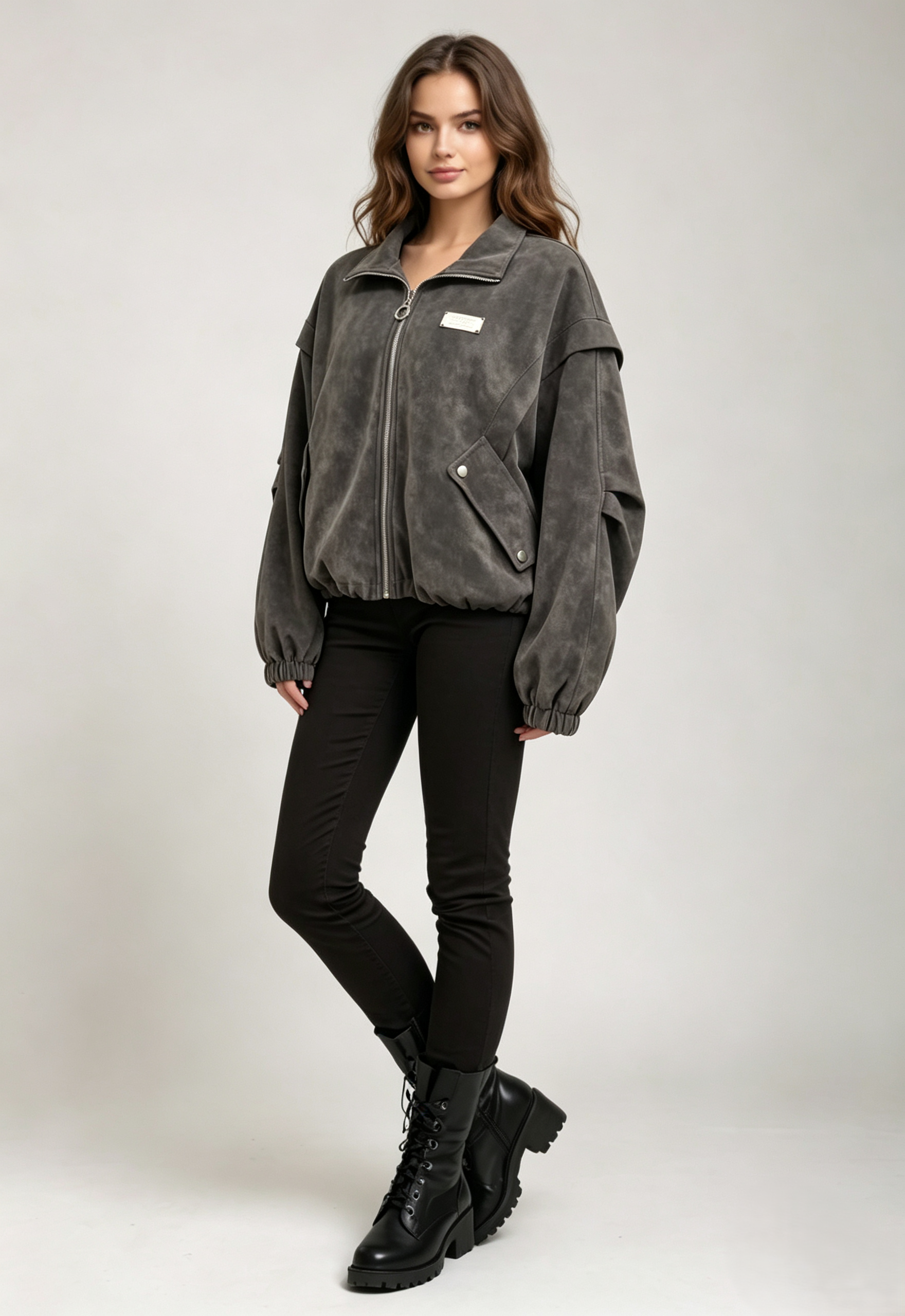 Women Washed Faux‑Suede Bomber Jacket, Oversized Lapel Zip‑Up Casual Outerwear,Sxping Fashion SHOP,Women Washed Faux‑Suede Bomber Jacket, Oversized Lapel Zip‑Up Casual Outerwear