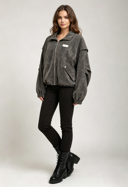 Women Washed Faux‑Suede Bomber Jacket, Oversized Lapel Zip‑Up Casual Outerwear,Sxping Fashion SHOP,Women Washed Faux‑Suede Bomber Jacket, Oversized Lapel Zip‑Up Casual Outerwear