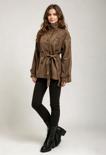 Women Faux‑Suede Short Trench Coat, Stand Collar Belted Waist Outdoor Jacket,Sxping Fashion SHOP,Women Faux‑Suede Short Trench Coat, Stand Collar Belted Waist Outdoor Jacket