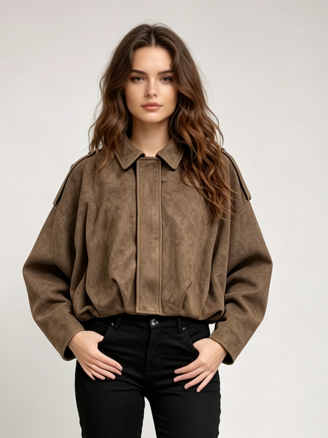 Women Faux‑Suede Cropped Jacket, Collared Utility Short Oversized Outerwear,Sxping Fashion SHOP,Women Faux‑Suede Cropped Jacket, Collared Utility Short Oversized Outerwear