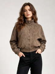 Women Faux‑Suede Bomber Jacket, Stand Collar Zip‑Up Cropped Oversized Outerwear,Sxping Fashion SHOP,Women Faux‑Suede Bomber Jacket, Stand Collar Zip‑Up Cropped Oversized Outerwear