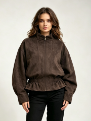 Women Faux‑Suede Jacket, Stand Collar Zip‑Up Gathered Waist Cropped Outerwear,Sxping Fashion SHOP,Women Faux‑Suede Jacket, Stand Collar Zip‑Up Gathered Waist Cropped Outerwear