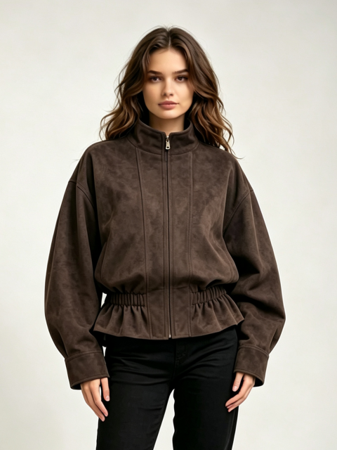 Women Faux‑Suede Jacket, Stand Collar Zip‑Up Gathered Waist Cropped Outerwear,Sxping Fashion SHOP,Women Faux‑Suede Jacket, Stand Collar Zip‑Up Gathered Waist Cropped Outerwear