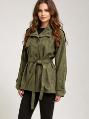Women Olive Green Faux‑Suede Short Trench Coat, Belted Double‑Breasted Jacket,Sxping Fashion SHOP,Women Olive Green Faux‑Suede Short Trench Coat, Belted Double‑Breasted Jacket