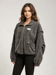 Women Washed Faux‑Suede Bomber Jacket, Oversized Lapel Zip‑Up Casual Outerwear,Sxping Fashion SHOP,Women Washed Faux‑Suede Bomber Jacket, Oversized Lapel Zip‑Up Casual Outerwear