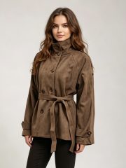 Women Faux‑Suede Short Trench Coat, Stand Collar Belted Waist Outdoor Jacket,Sxping Fashion SHOP,Women Faux‑Suede Short Trench Coat, Stand Collar Belted Waist Outdoor Jacket