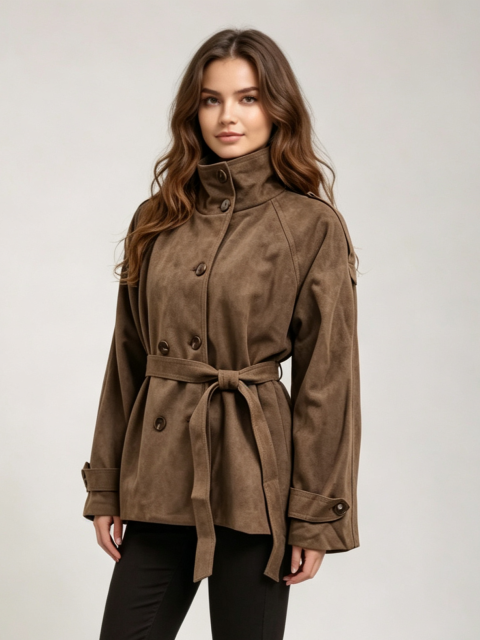 Women Faux‑Suede Short Trench Coat, Stand Collar Belted Waist Outdoor Jacket,Sxping Fashion SHOP,Women Faux‑Suede Short Trench Coat, Stand Collar Belted Waist Outdoor Jacket
