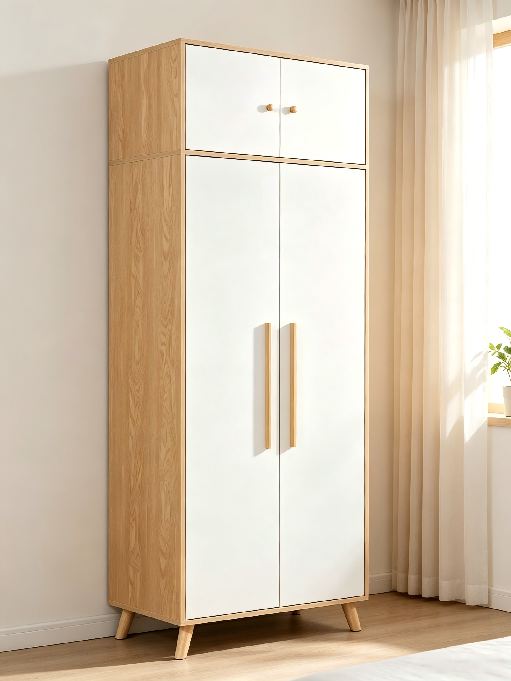 A08 Scandinavian-Style Two-Door Wardrobe with Top Shelf | White Melamine-Coated Beech Wood | Space-Saving Storage Cabinet for Small Bedrooms in Rental Units,MY SHOP,A08 Scandinavian-Style Two-Door Wardrobe with Top Shelf | White Melamine-Coated Beech Wood | Space-Saving Storage Cabinet for Small Bedrooms in Rental Units