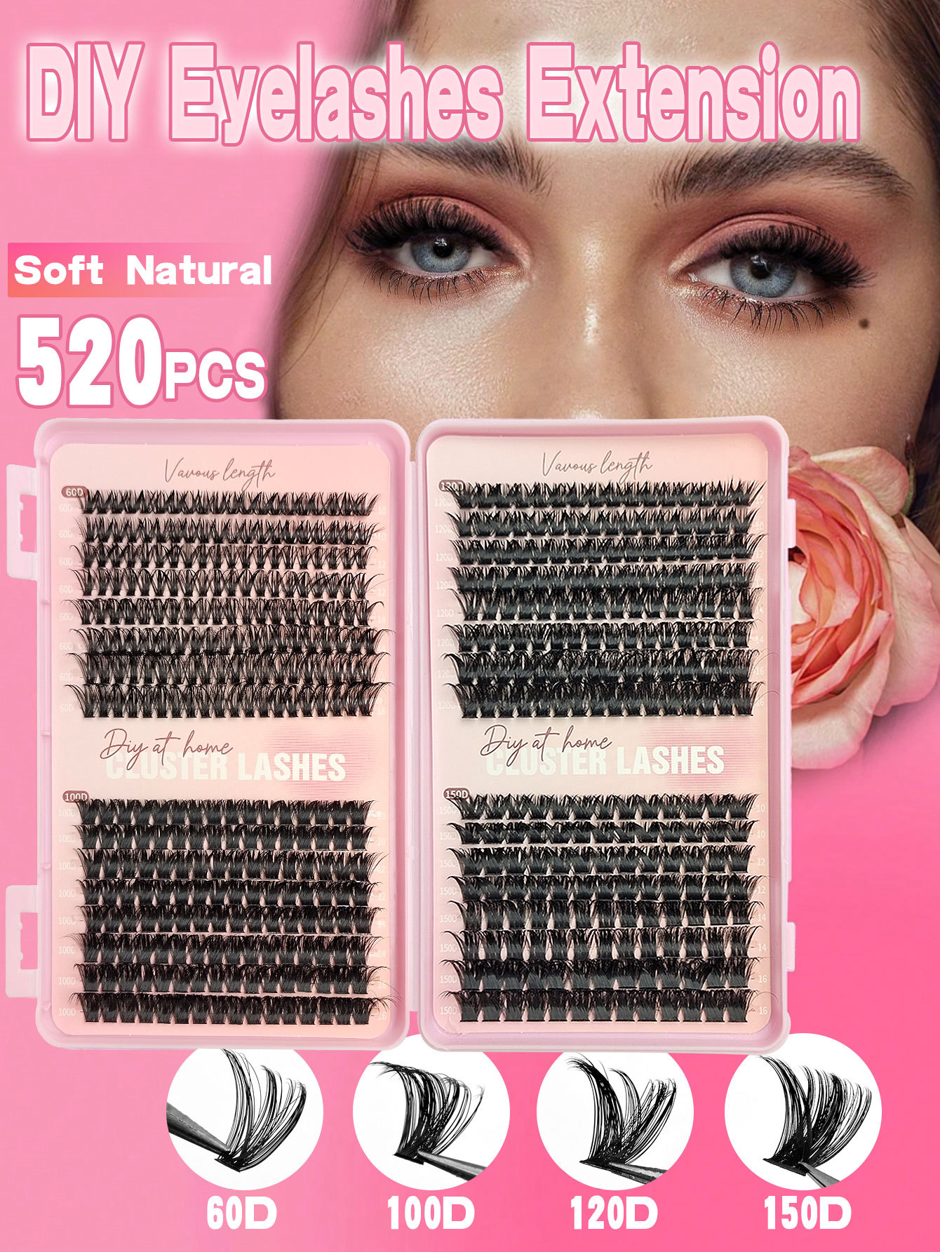 Sibeuna 520 Clusters Lashes Book Reusable Individual Eyelashes Natural Look, Eyelash Clusters DIY Eyelash Extensions ，Soft & Comfortable, Easy Wearing，Beginner-friendly