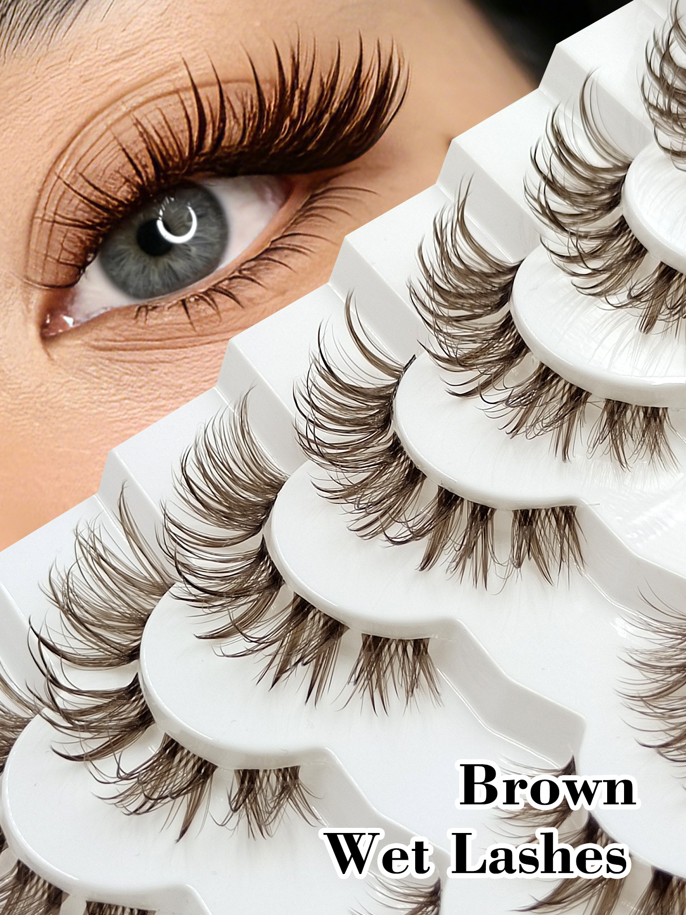 Sibeuna 7 Pairs Brown Wet Look Lashes Clear Band Faux Mink Lashes,Reusable,For Daily Style Eye Makeup,Beginner-Friendly,Full Strip Lashes,Fake Eyelashes,Strip Lashes