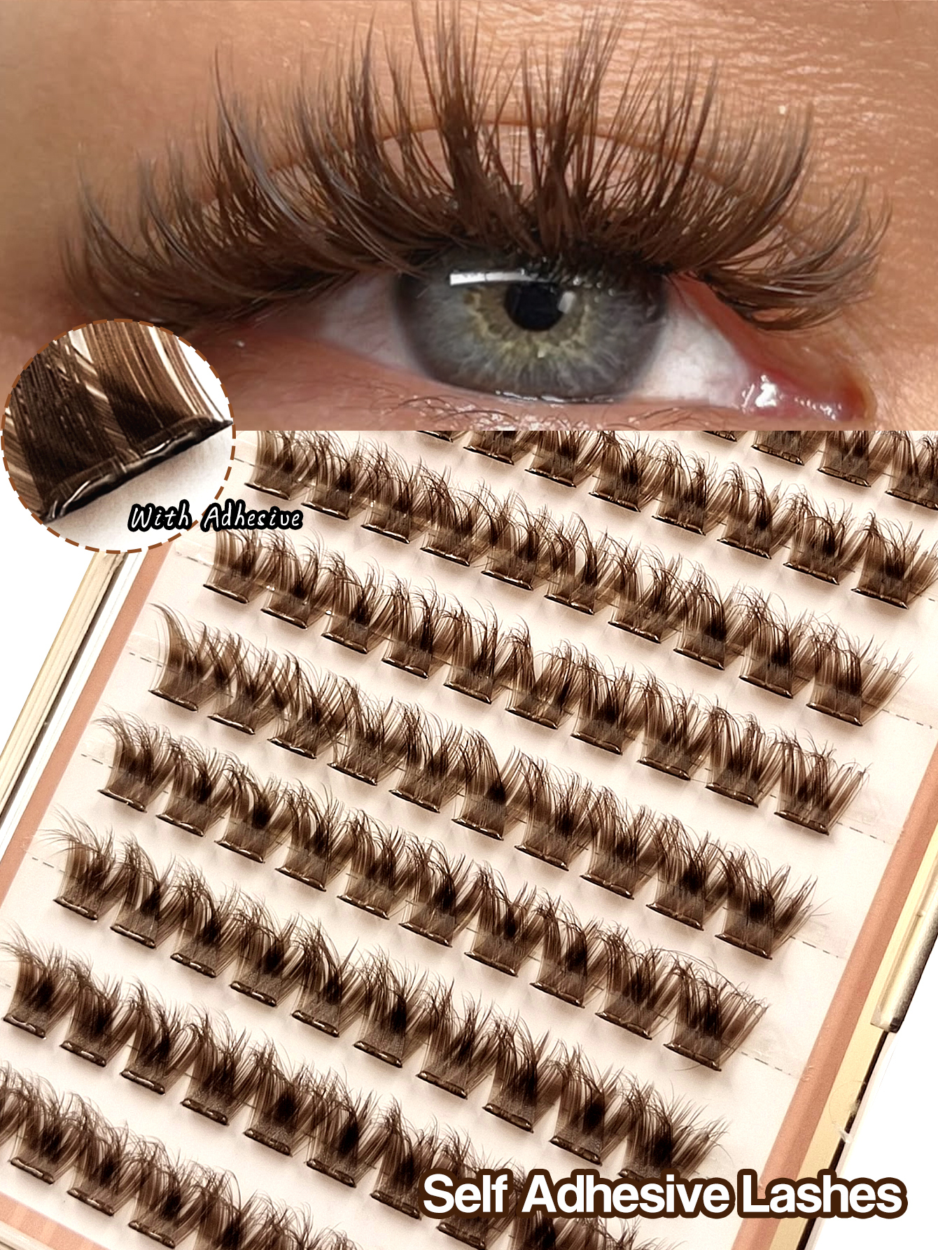 Sibeuna 100 Pcs D Curl Fluffy Brown Self Adhesive Lashes,No-Glue Lashes,Reusable,Natural Soft Lightweight Pre Glued Lashes For Self Use At Home Or Travel Makeup Tools,Beginner-Friendly