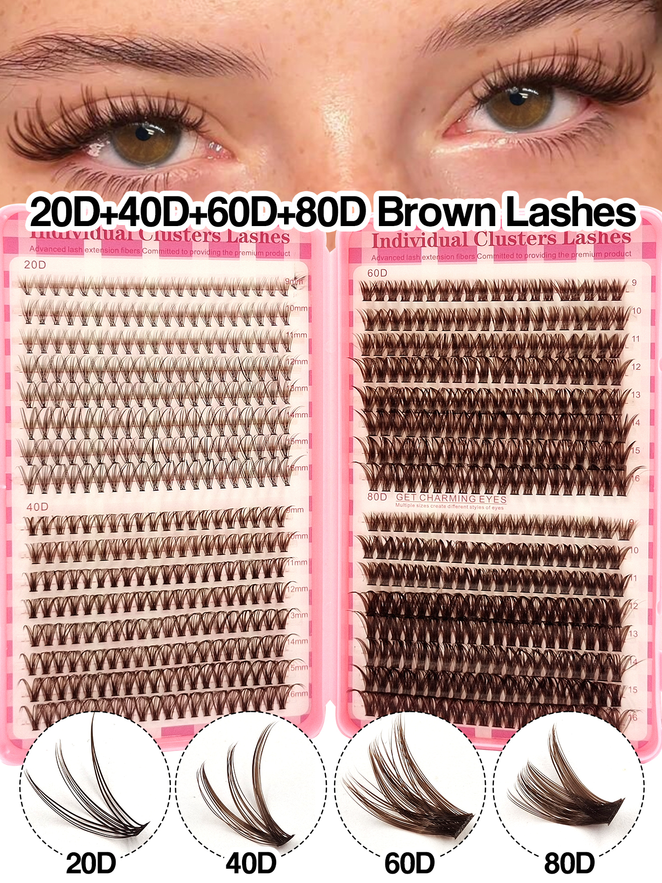 Sibeuna 640 Pcs D Curl Brown False Eyelashes Book,20D+40D+60D+80D Curled DIY Lashes, Natural Fluffy Lightweight Soft Reusable Individual Cluster Lashes, Suitable For Travel Daily Wear (Beginner Friendly) Wedding Date Party Holiday Gift