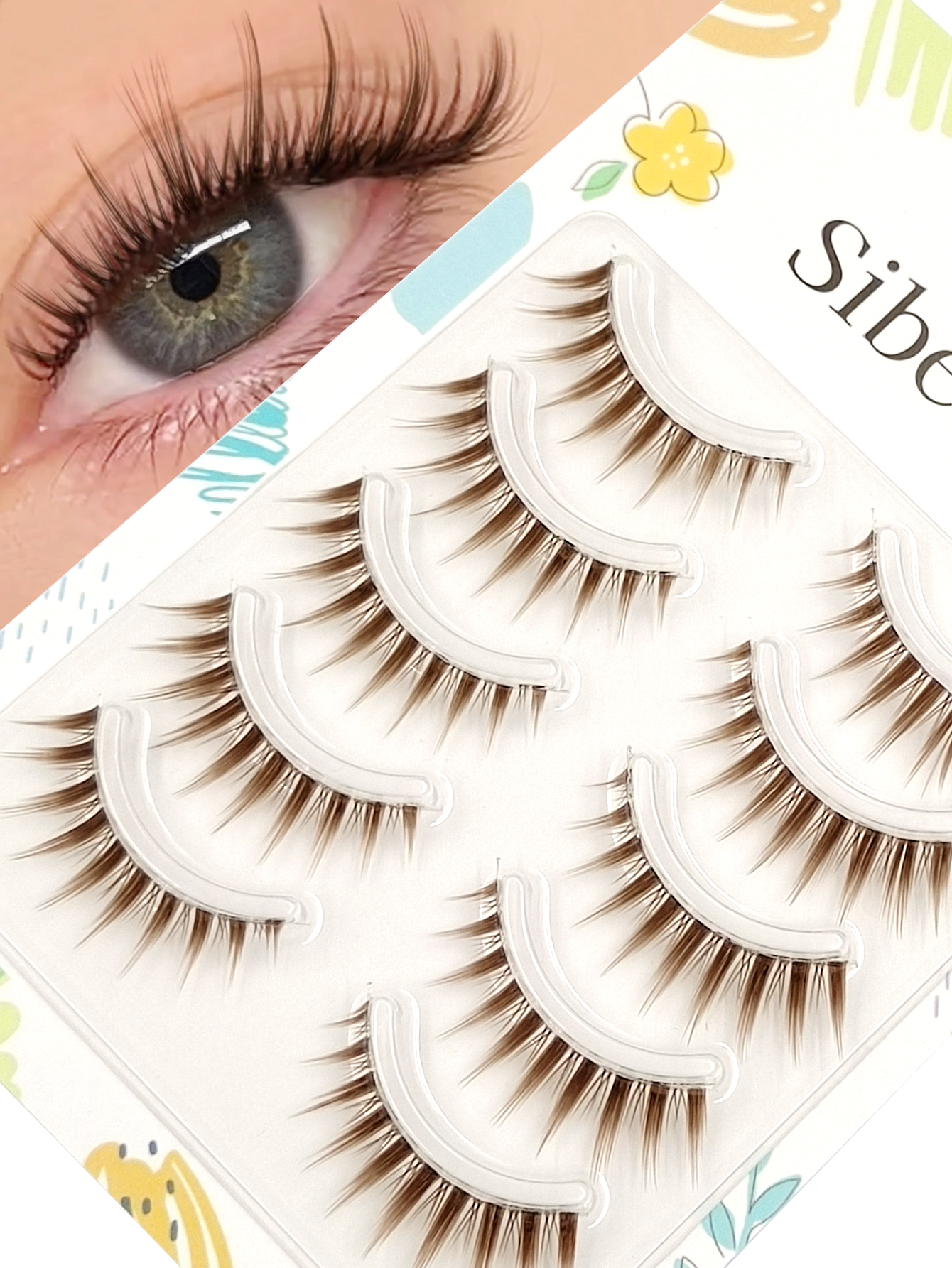 Sibeuna 5 Pairs Brown Lashes,Manga Cat Eye Style,Faux Mink 3D Lashes, Sexy Siren Eyes Effect,Reusable Lightweight Thin Band For Anime/Cosplay/Daily Makeup,Beginner-Friendly
