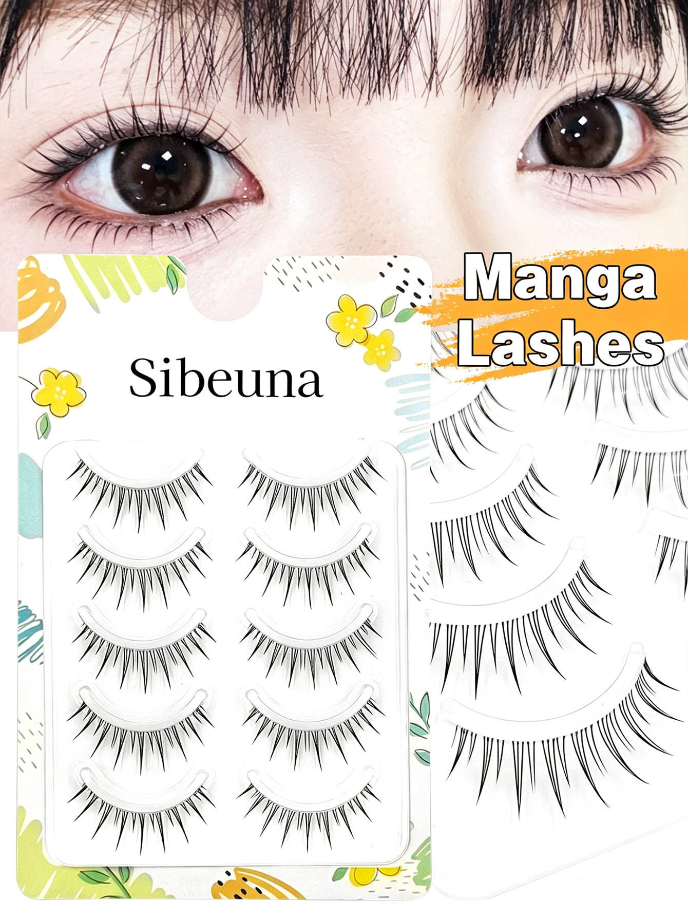 Sibeuna 5 Pairs Manga Spike Lashes Natural Long Korean Girl Group Eyelashes,For Daily Style Eye Makeup,Beginner-Friendly,Anime Lashes,Fairy Lashes