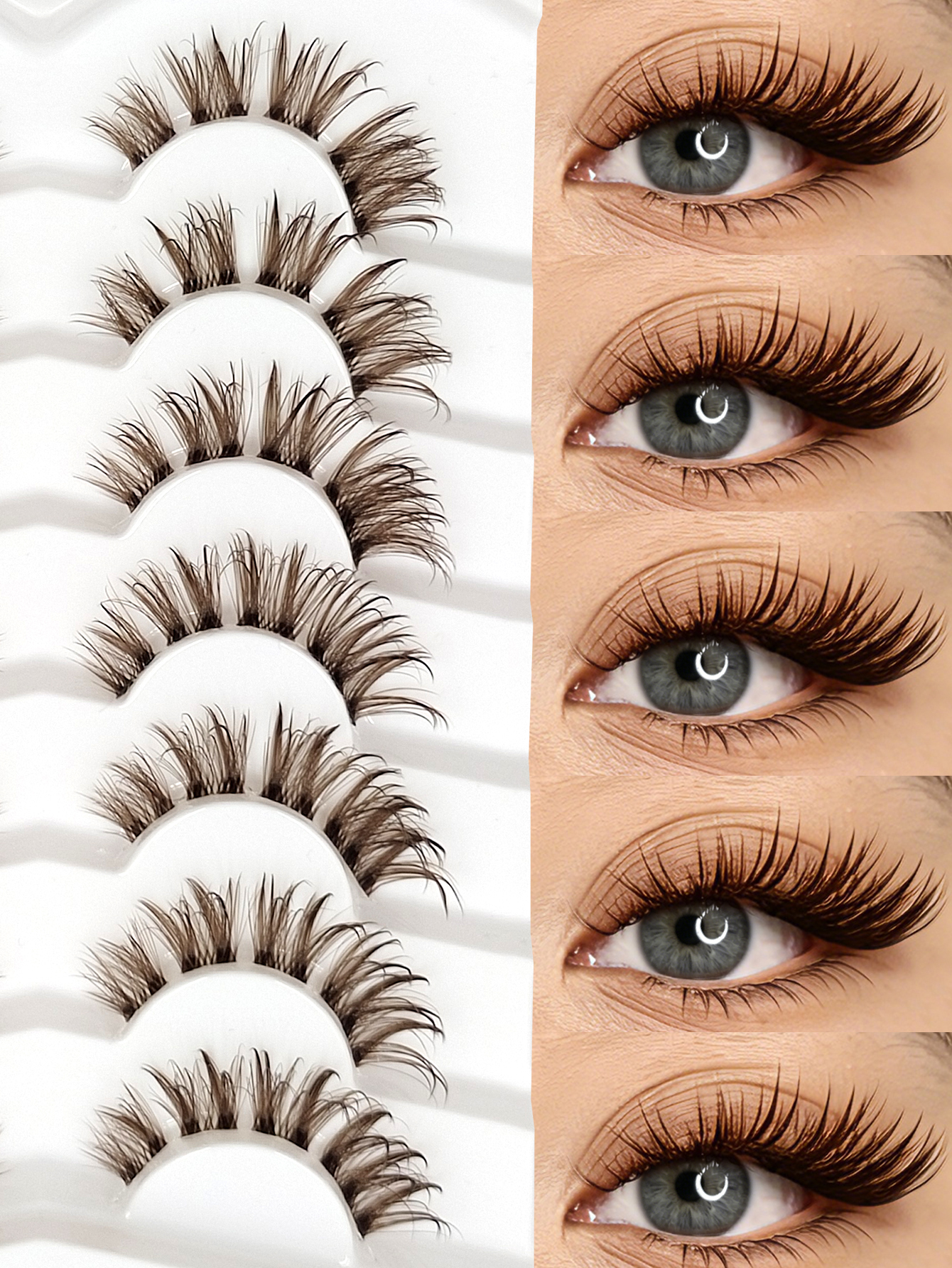 Sibeuna 7 Pairs Brown Wet Look Lashes Clear Band Faux Mink Lashes,Reusable,For Daily Style Eye Makeup,Beginner-Friendly,Full Strip Lashes,Fake Eyelashes,Strip Lashes
