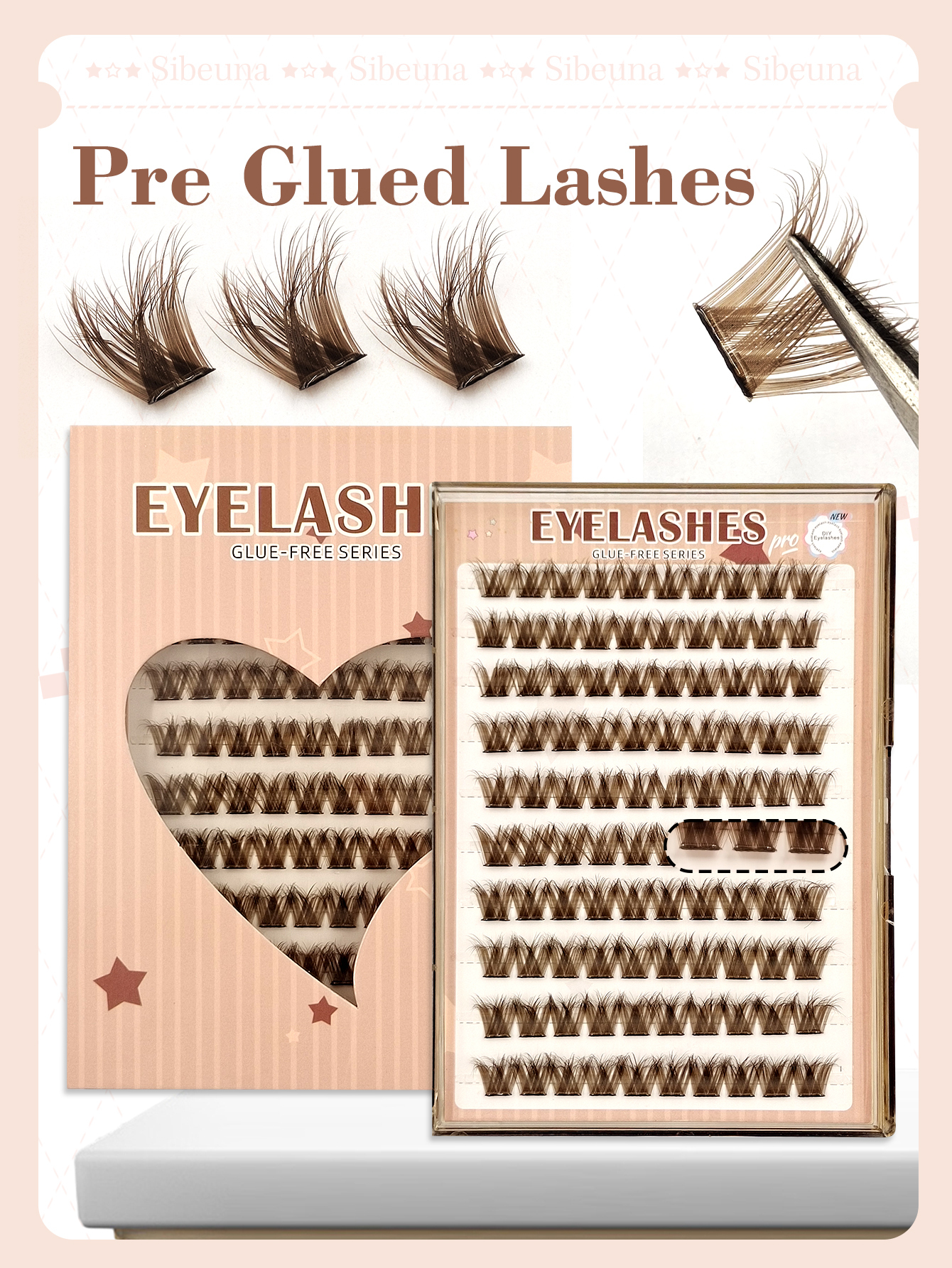 Sibeuna 100 Pcs D Curl Fluffy Brown Self Adhesive Lashes,No-Glue Lashes,Reusable,Natural Soft Lightweight Pre Glued Lashes For Self Use At Home Or Travel Makeup Tools,Beginner-Friendly