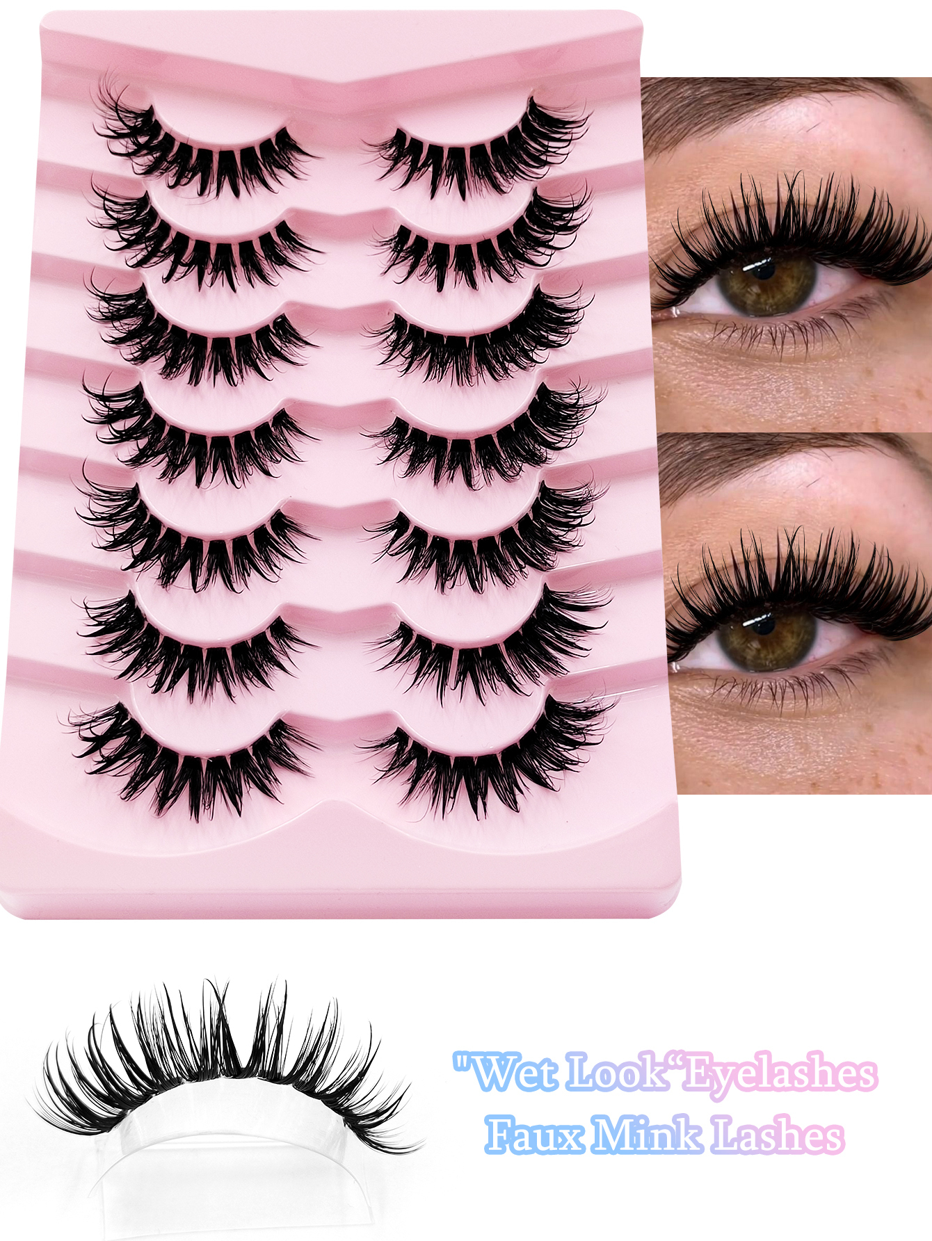 Sibeuna 7 Pairs Wet Eyelashes With Cartoon Effect, Clear Band Fake Eyelashes, For Daily Style Eye Makeup,Beginner-Friendly