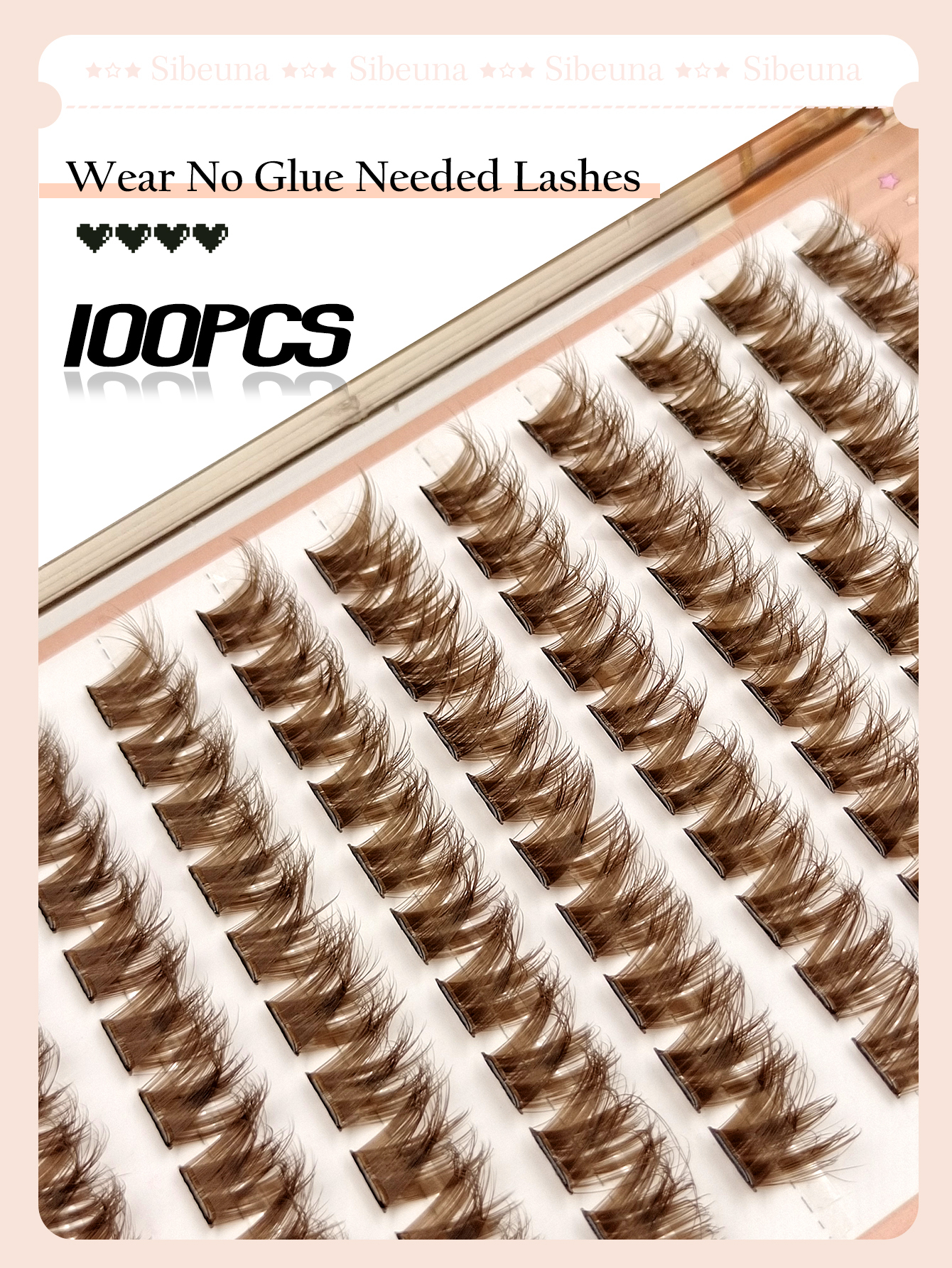 Sibeuna 100 Pcs D Curl Fluffy Brown Self Adhesive Lashes,No-Glue Lashes,Reusable,Natural Soft Lightweight Pre Glued Lashes For Self Use At Home Or Travel Makeup Tools,Beginner-Friendly