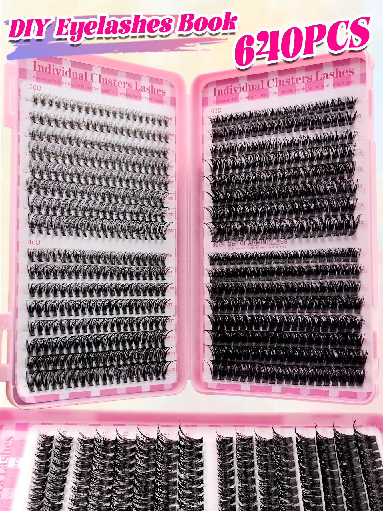 Sibeuna  640PCS 20D+40D+60D+80D Eyelashes Book D Curl Natural&Thick & Fluffy Extension Lashes 9mm-16mm Mix Length DIY Portable Clusters Eyelashes For Travel