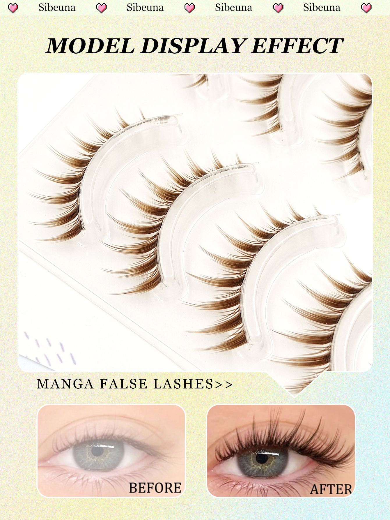 Sibeuna 5 Pairs Brown Lashes,Manga Cat Eye Style,Faux Mink 3D Lashes, Sexy Siren Eyes Effect,Reusable Lightweight Thin Band For Anime/Cosplay/Daily Makeup,Beginner-Friendly