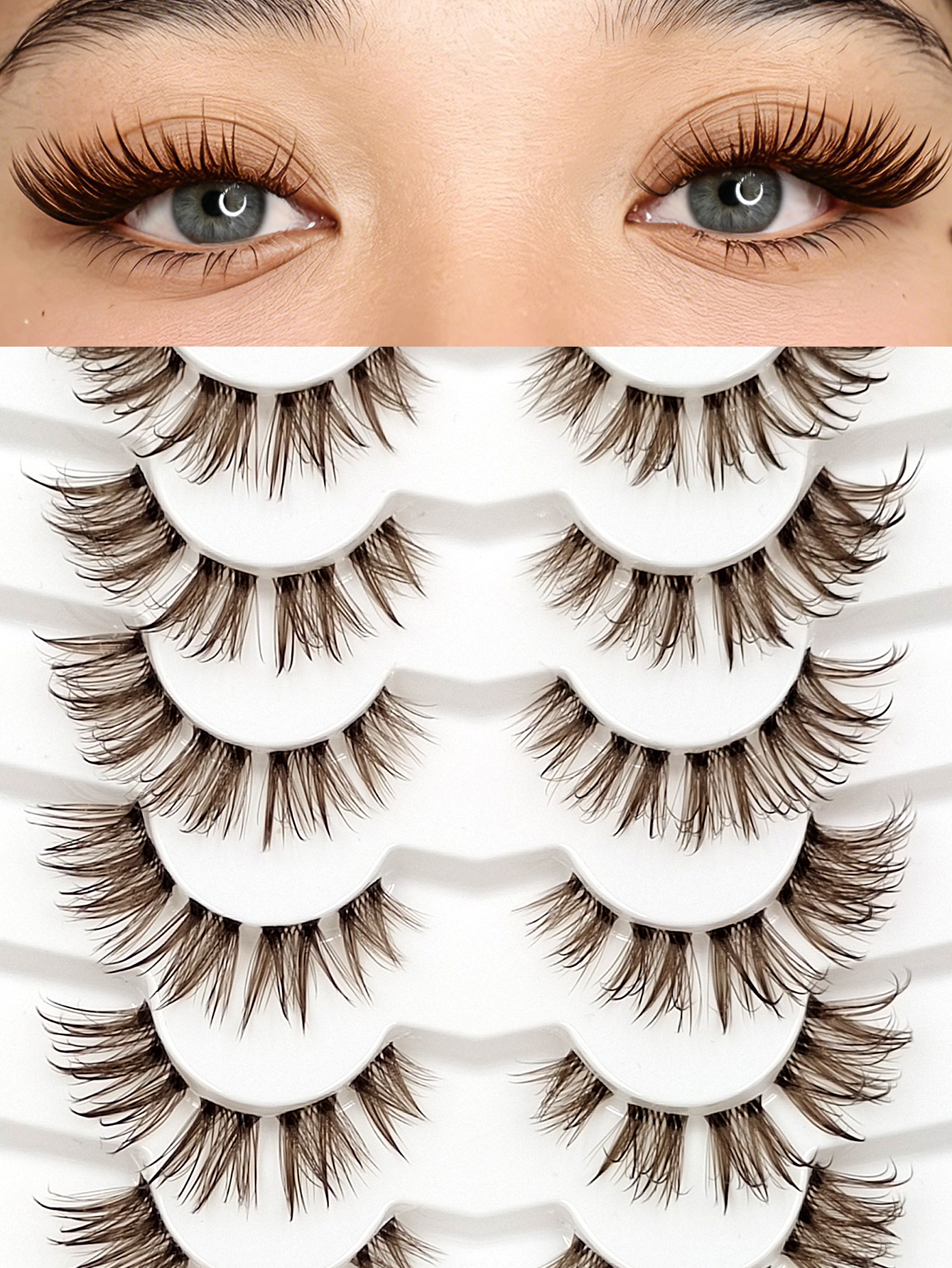 Sibeuna 7 Pairs Brown Wet Look Lashes Clear Band Faux Mink Lashes,Reusable,For Daily Style Eye Makeup,Beginner-Friendly,Full Strip Lashes,Fake Eyelashes,Strip Lashes