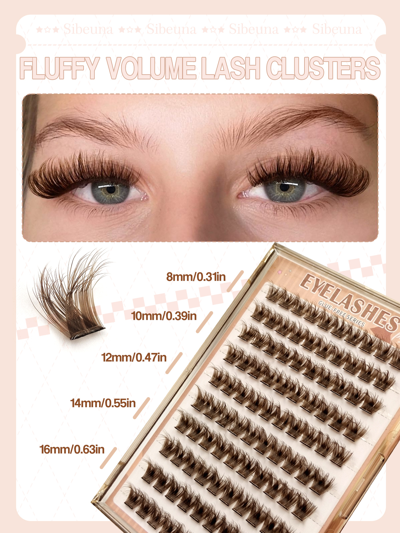 Sibeuna 100 Pcs D Curl Fluffy Brown Self Adhesive Lashes,No-Glue Lashes,Reusable,Natural Soft Lightweight Pre Glued Lashes For Self Use At Home Or Travel Makeup Tools,Beginner-Friendly