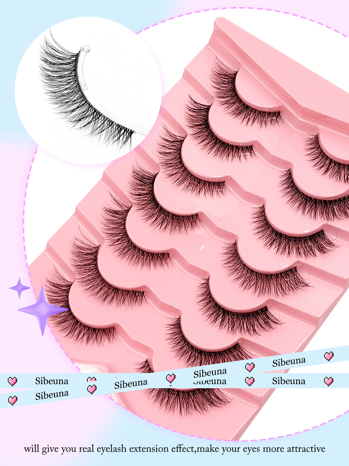 Sibeuna 7 Pairs Natural Fake Eyelashes Clear Band Cat Eye Lashes Reusable Wispy Lashes Faux Mink Lashes,Beginner-Friendly,For Daily Style Eye Makeup