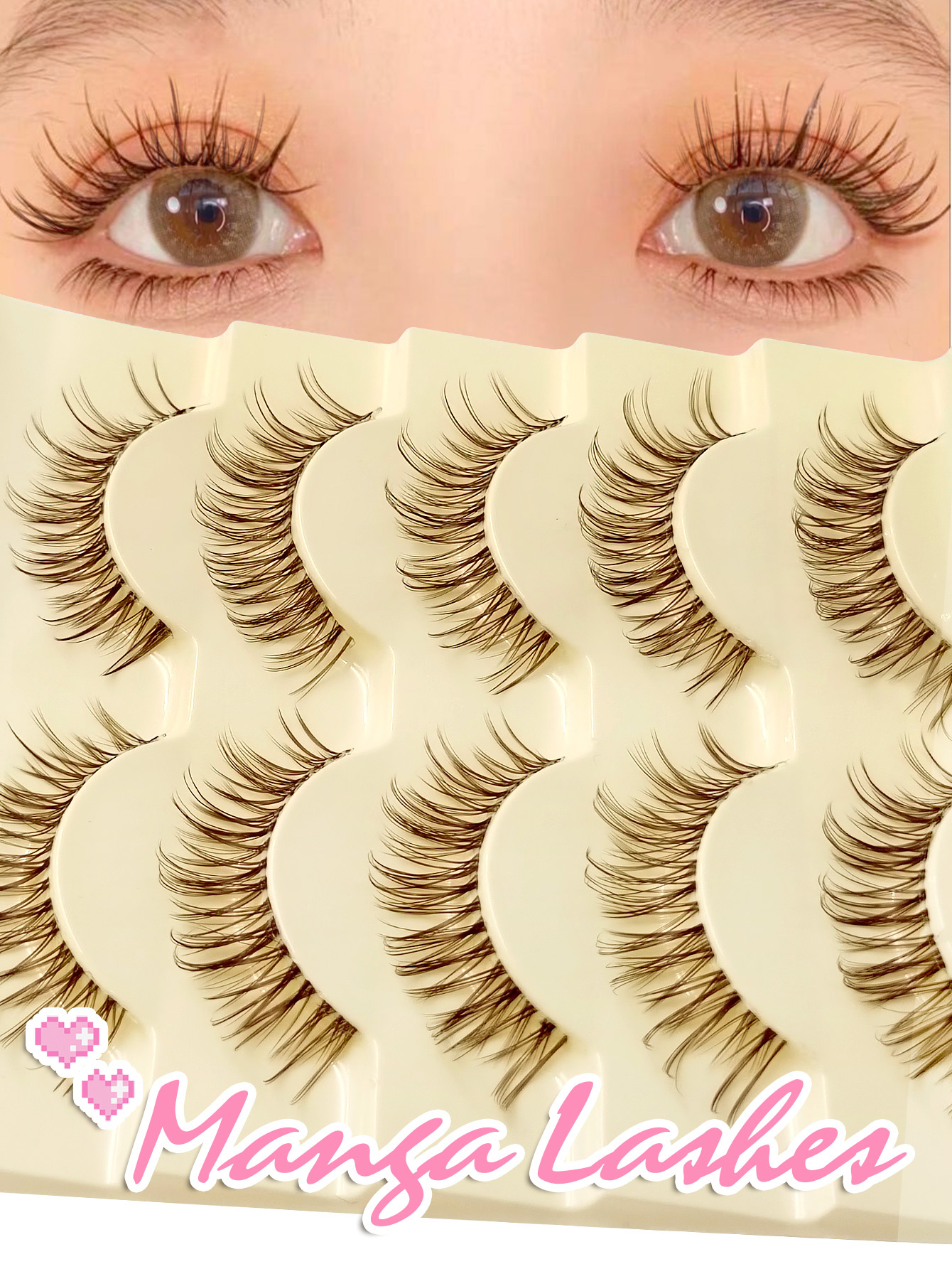 Sibeuna 5 Pairs Brown Wispy Lashes False Eyelashes- Transparent Stem Manga Eyelashes, Comic Fairy Design,Reusable False Eyelashes